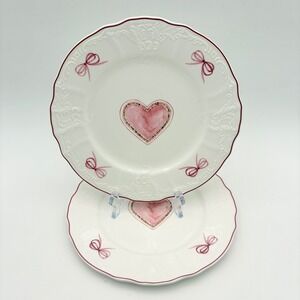 Grace Teaware Heart Bow Dinner Plate Set of 2 White Pink Valentines Porcelain